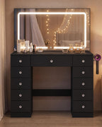 Otterease Black Makeup Vanity with Mirror and Lights,11 Drawers & Glass Top | Large Black Vanity Table with LED Lighted Mirror, Charging Station, Hair Dryer Holder for Bedroom