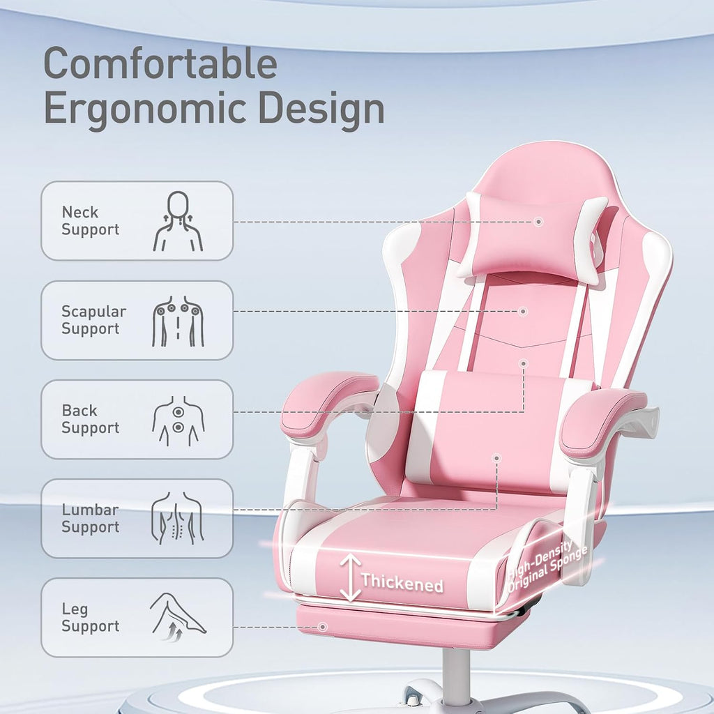 MoNiBloom Gaming Chair, Footrest & Lumbar Support, Height Adjust, Pink | Headrest & Lumbar Support, Ergonomic Computer chair, for Girl women Adult Teen Office or Gaming,Swivel game chair