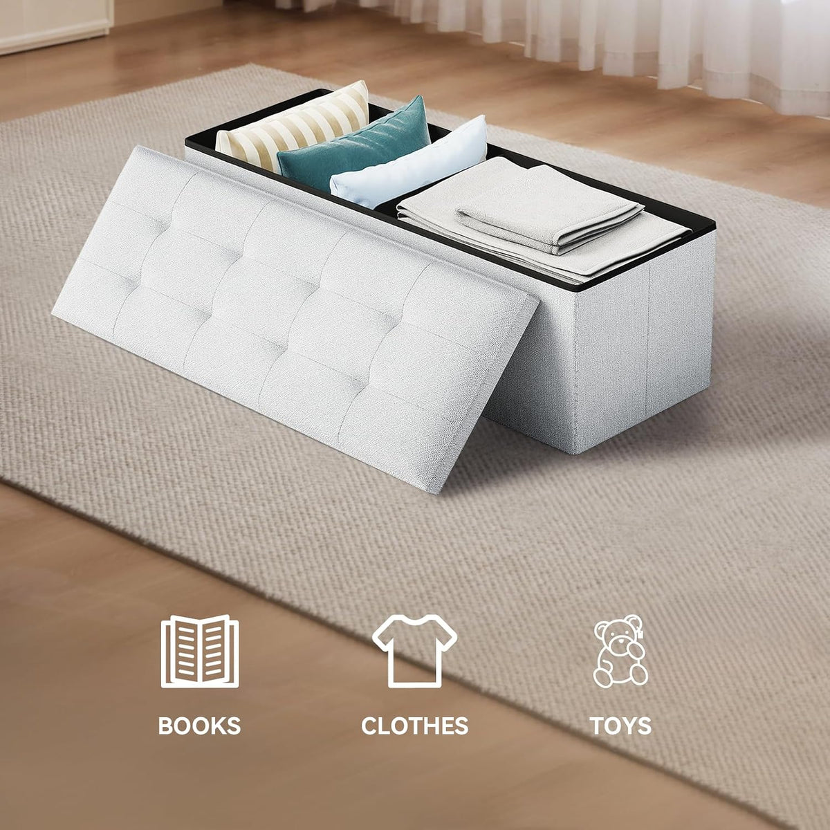 Storage Ottoman Bench, 43 Inch Ottoman Foot Rest, End of Bed Bench, Storage Chest for Living Room, Bedroom, Entryway, Light Gray