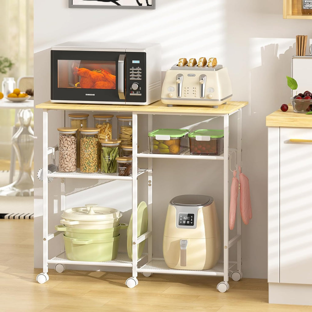 ThreeHio Kitchen Island cart with Storage, Mobile Kitchen Cart with 4 Hooks and Adjustable Shelf on Wheels, Rolling Microwave Stand Coffee Bar Baker's Rack Utility Cart for Kitchen, Dinning Room,White