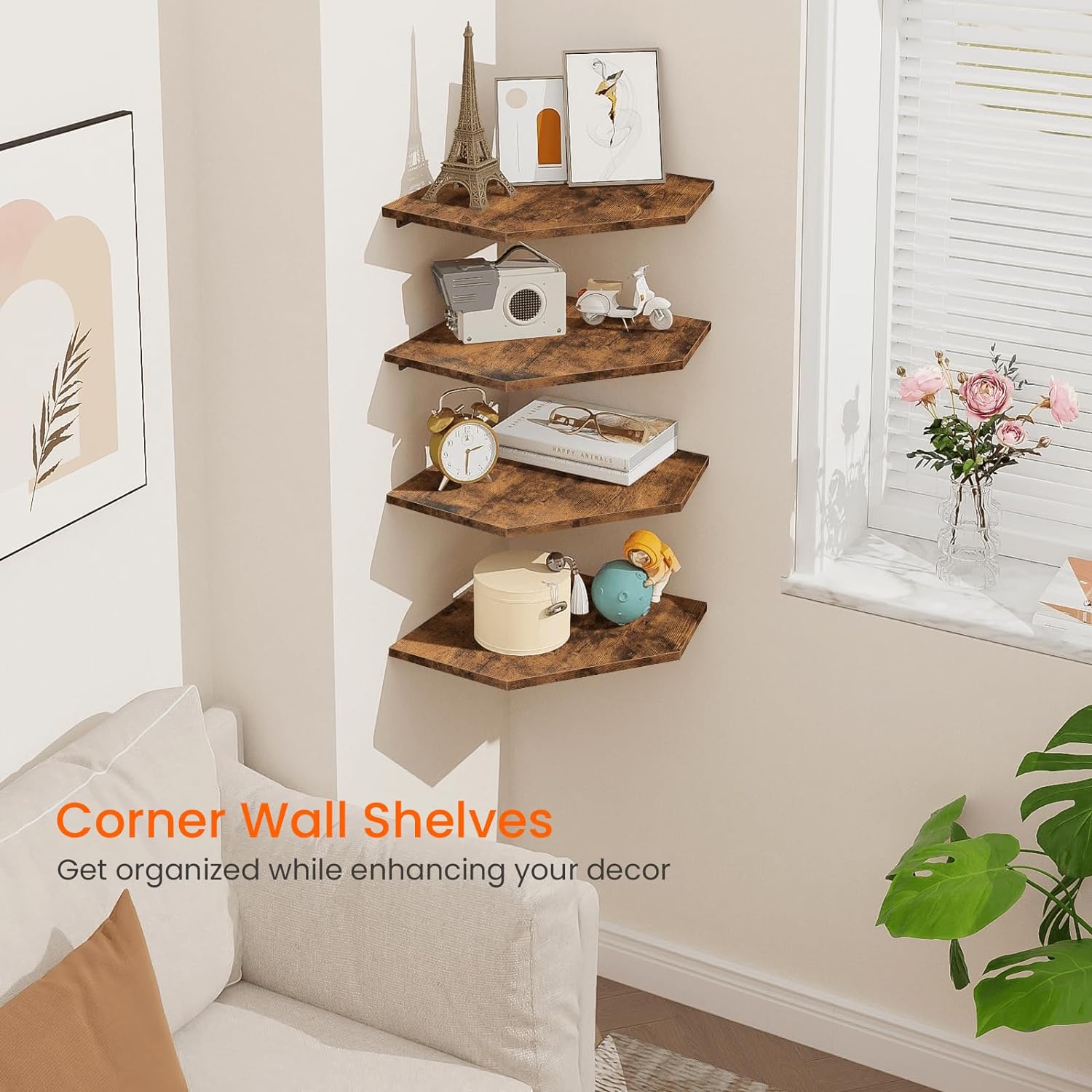 Homode Corner Shelf Wall Mount, Set of 4 Floating Corner Shelves with Cord Hole for Cable Box, Wood Corner Hanging Shelves for Bathroom Bedroom Kitchen, Rustic Brown