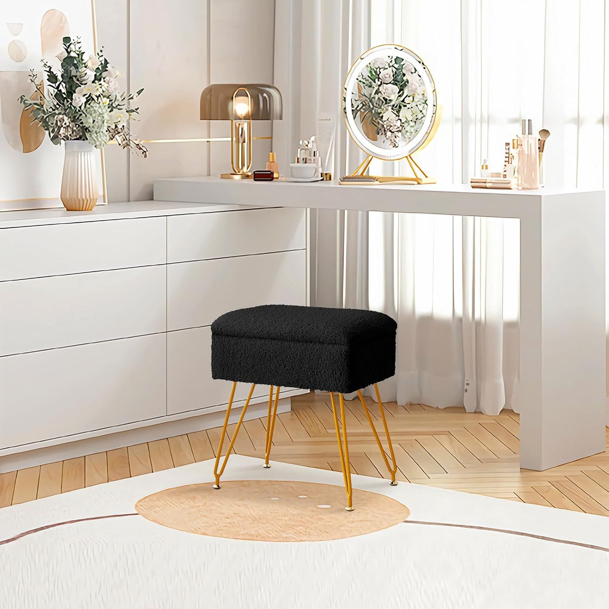Alessing Vanity Stool Chair Ottoman with Storage, Sherpa Vanity Chair for Makeup Room, Rectangle Vanity Stools with Metal Legs, Soft Makeup Stool Footrest Footstools for Bedroom Living Room, Black | Square Padded Seat Foot Stool With Metal Legs For