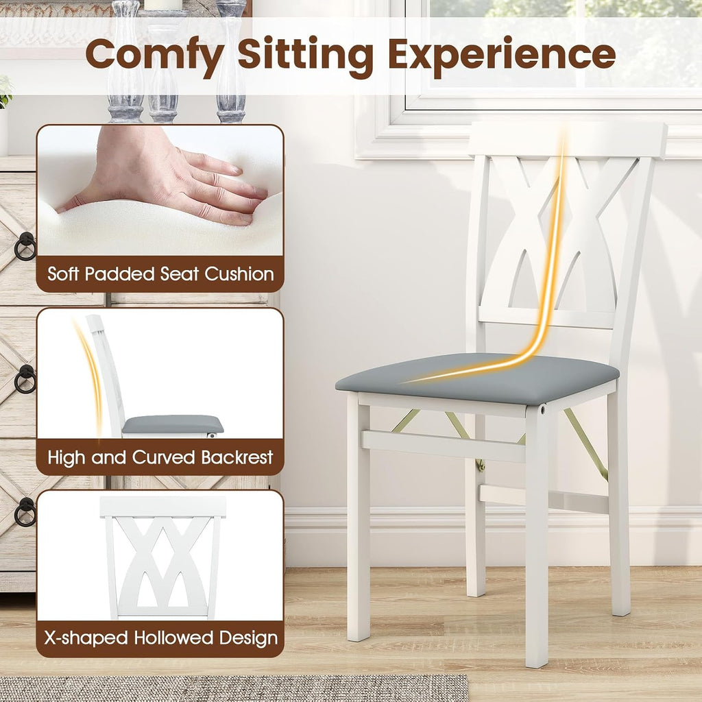 Giantex Folding Dining Chairs Set of 4, Upholstered Kitchen Chair w/Rubber Wood Frame, Padded Seat with PVC Leather, Hollowed Curved Backrest, Farmhouse Wooden Side Chairs for Home Restaurant