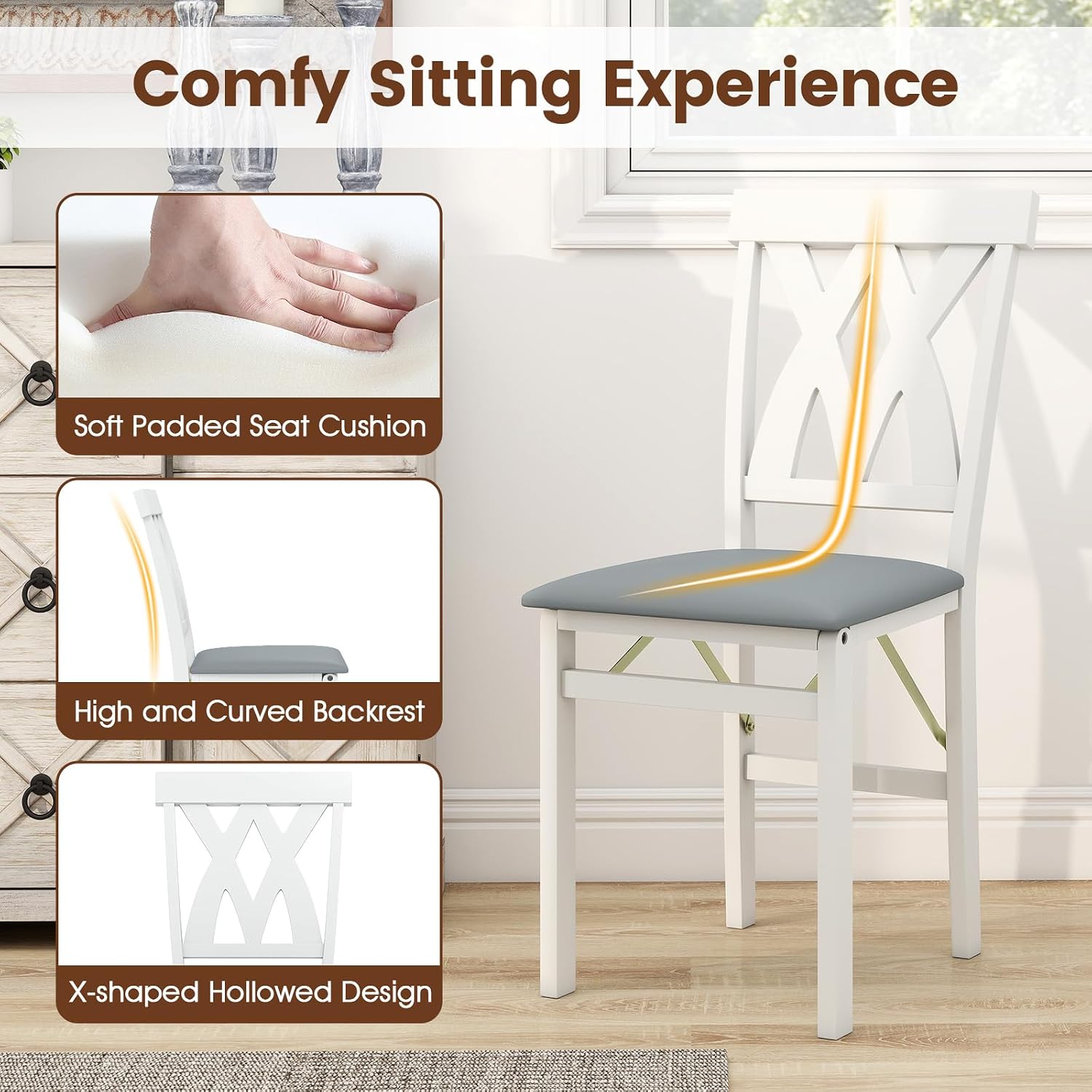 Giantex Folding Dining Chairs Set of 4, Upholstered Kitchen Chair w/Rubber Wood Frame, Padded Seat with PVC Leather, Hollowed Curved Backrest, Farmhouse Wooden Side Chairs for Home Restaurant