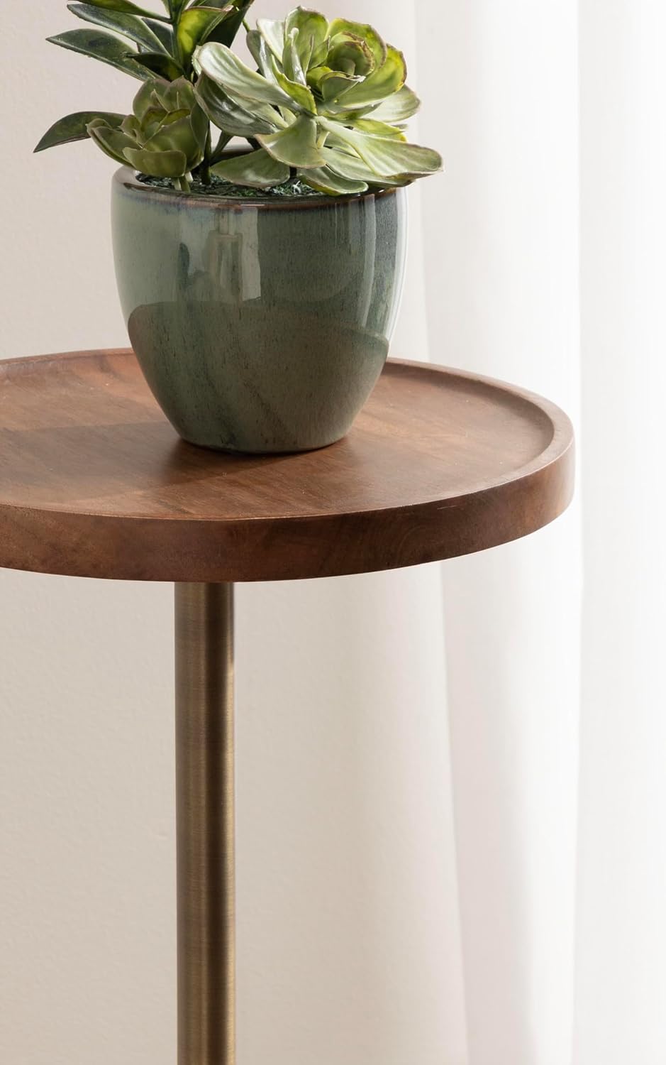Kate and Laurel Shorrock Round Mango Wood Side Table, 12 x 12 x 24, Walnut Brown, Brass, and Green Marble, Modern Pedestal End Table with Marble Base for Bedroom Nightstand or Living Room Plant Stand