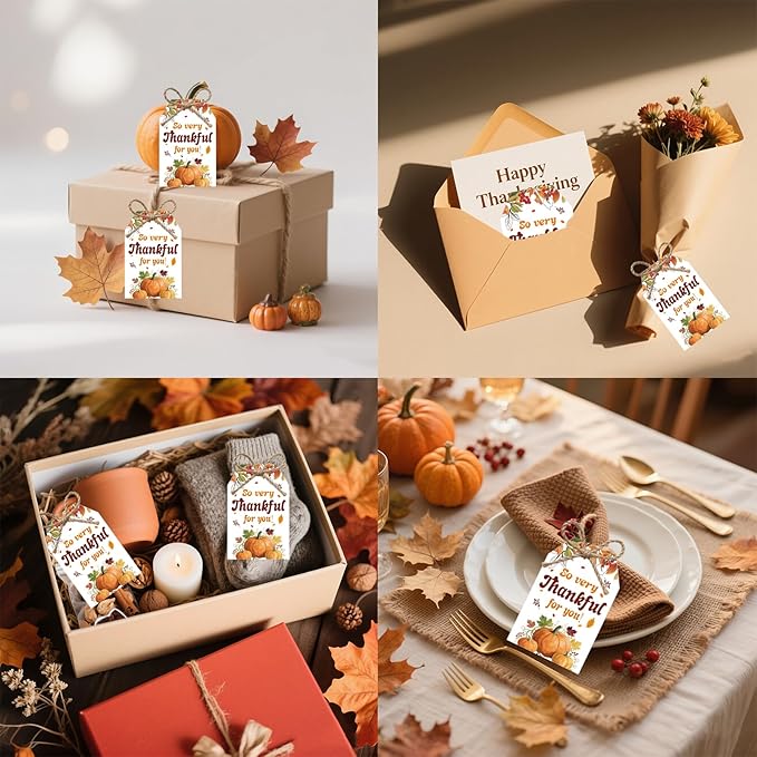50Pcs Thanksgiving Gift Tags with String, 3.3x2.1 Inch So Very Thankful for You Tags with Pumpkin Leaf, Thanksgiving Name Tags for Gift Bags Fall Day Autumn Holiday Party Favors DIY Craft