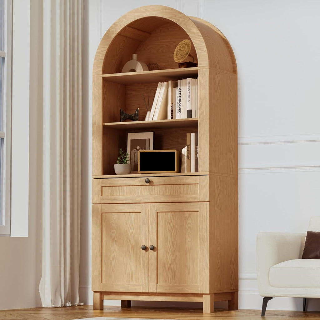 Arched Pantry Cabinet, 71" Kitchen Pantry Cabinet with Smooth Gliding Drawers and Adjustable Shelf, Wood Storage Cabinets Anti-Tipping, Modern Farmhouse for Living Room, Dining Room (Natural)