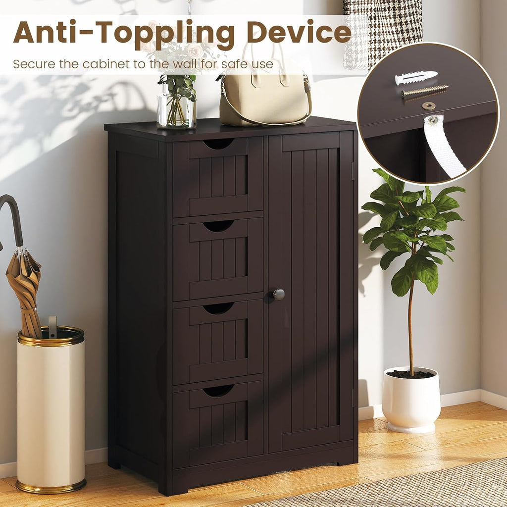GLACER Bathroom Floor Cabinet, Multifunctional Storage Cabinet (Brown) | Wooden Side Storage Organizer | 4 Drawers & 1 Door | For Laundry Room, Living Room or Kitchen