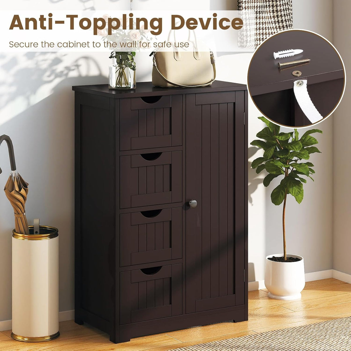 GLACER Bathroom Floor Cabinet, Multifunctional Storage Cabinet (Brown) | Wooden Side Storage Organizer | 4 Drawers & 1 Door | For Laundry Room, Living Room or Kitchen
