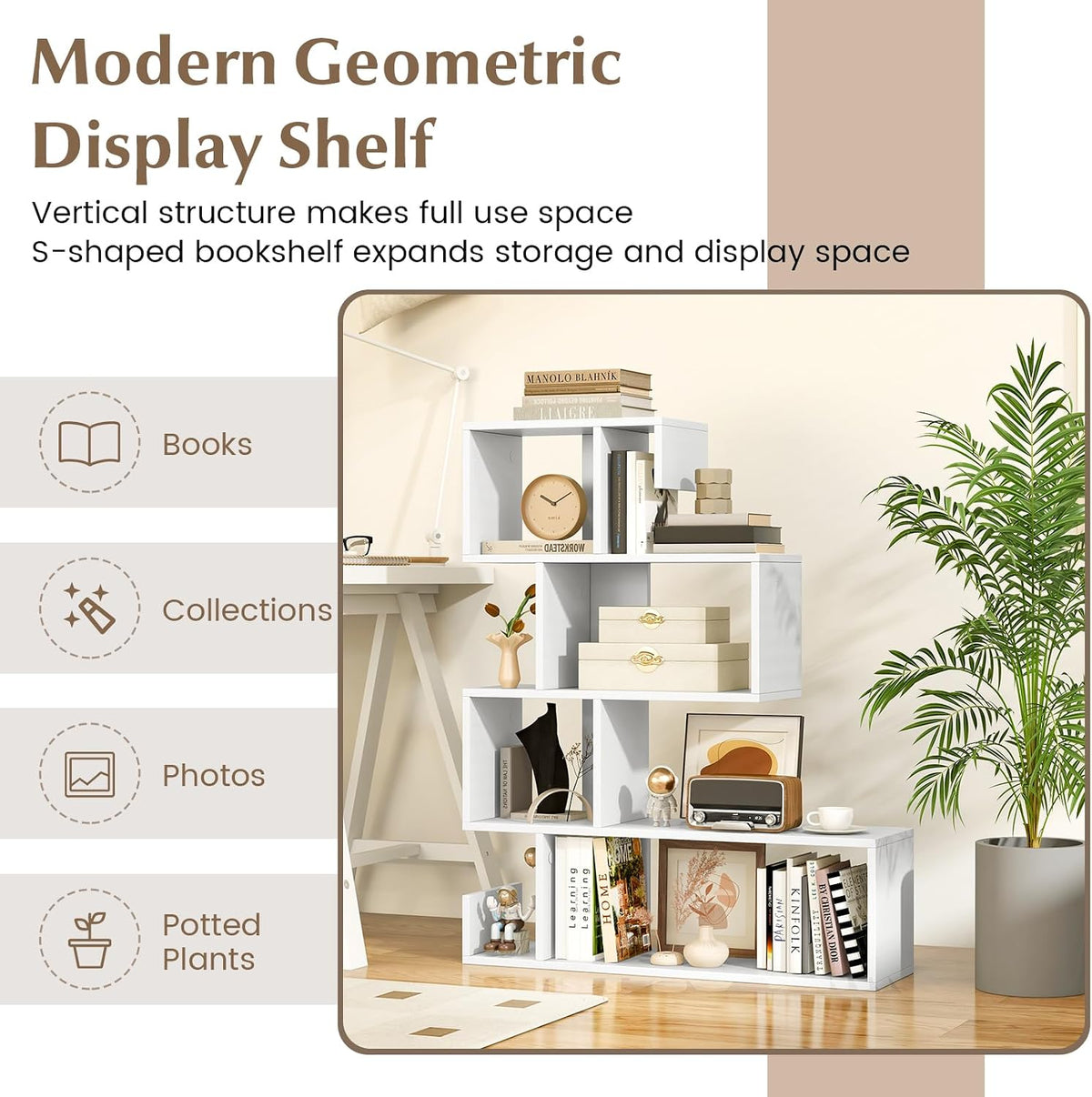 GIANTEX 5-Tier S-Shaped Bookshelf, Geometric Bookcase w/Open Cubes, Modern Decorative Display Shelf w/Anti-Toppling Kits, Freestanding Storage Rack for Living Room, Study, Home, Office, White