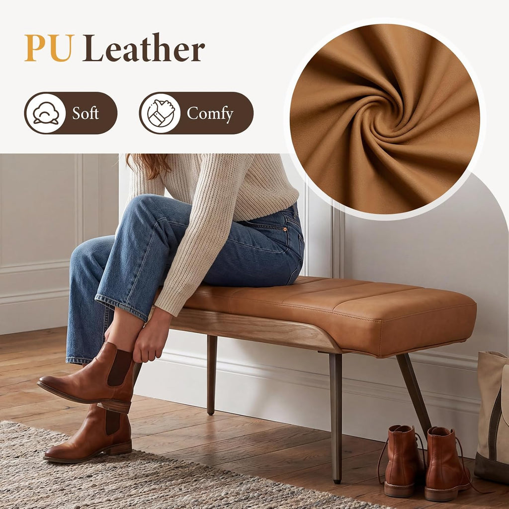 CIMOTA Mid-Century Modern Upholstered Bench, Channel Tufted Ottoman Bench with Solid Wood Trim and Bronze Metal Legs, 35.5" Accent Bench for Bedroom, Entryway, Living Room, End of Bed, PU Brown