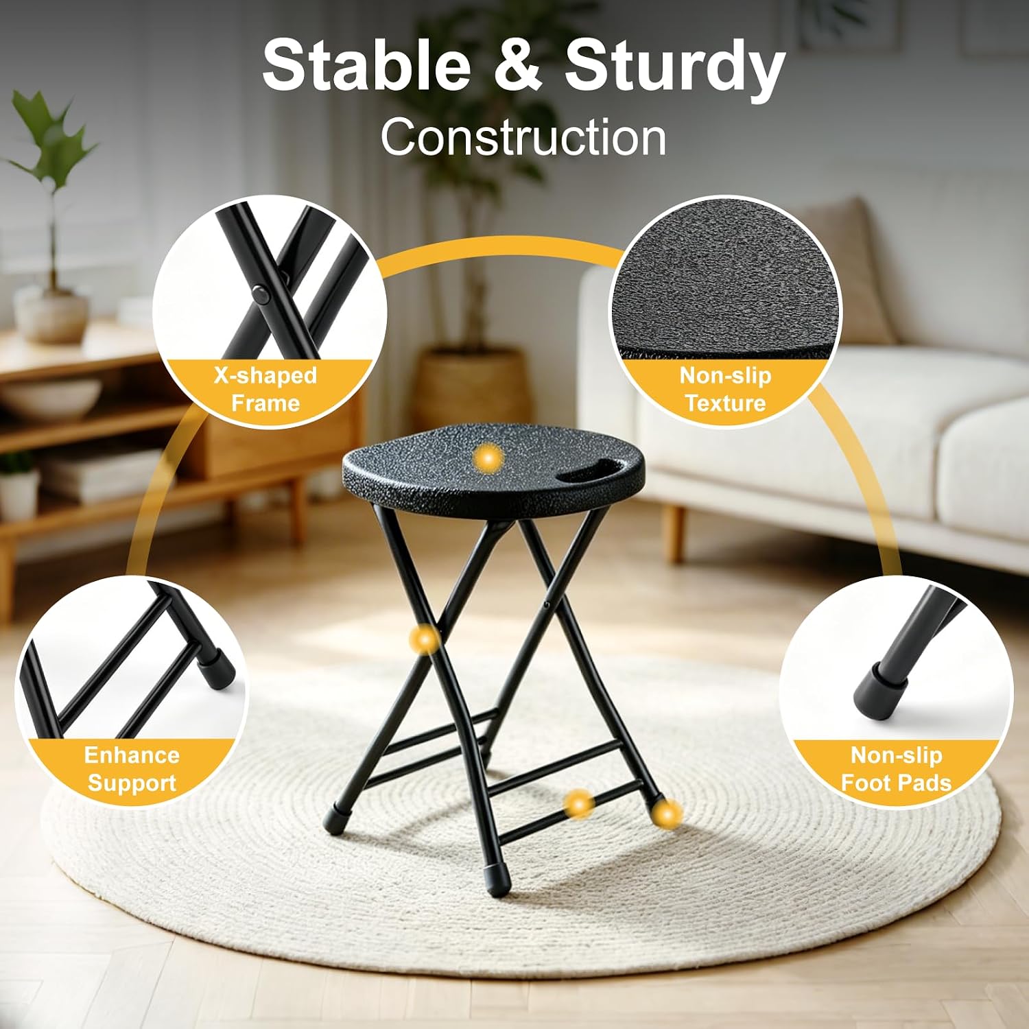 Folding Stool, 18 Inch Foldable Stool with Handle & Steel Frame, Folding Bar Stools, 500lbs Sturdy Foldable Lightweight Metal Chair for Camping, Indoor and Outdoor, Black