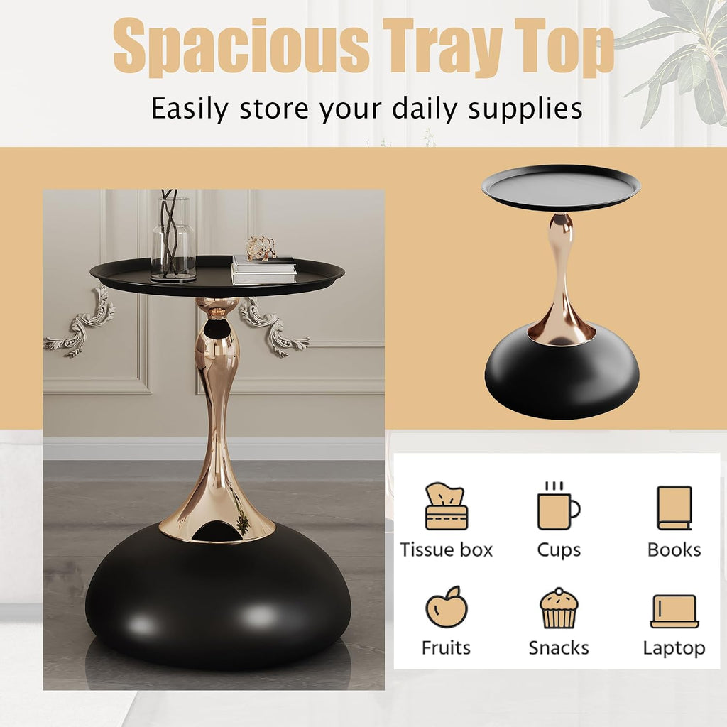 Round Side Table, Small Black End Table with Metal Pedestal, Modern Martini Table for Small Space Living Room, Bedroom, Easy Assembly 15" x 21.6" Drink Table