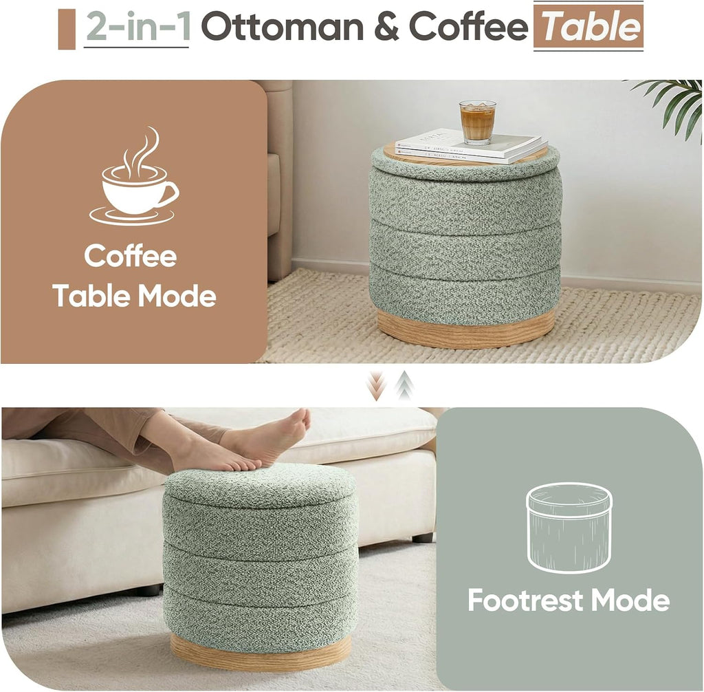 Round Storage Ottoman with Reversible Tray Lid, Folding Chenille Fabric Footrest with Hidden Storage, 15.4" Footstool for Small Spaces Living Room Bedroom, Wood Grain Base, Sage Green