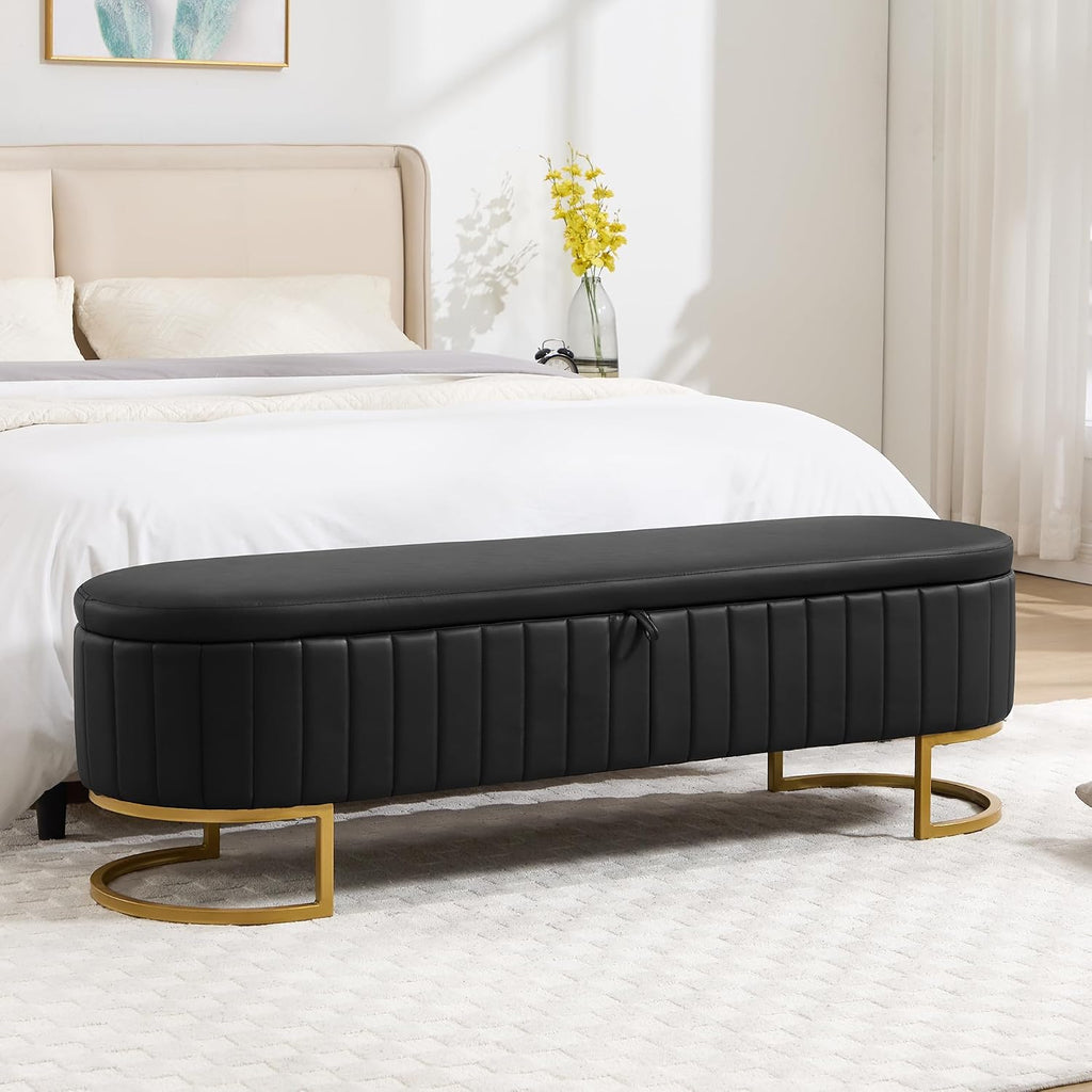 Storage Ottoman Bench, 63" Faux Leather End of Bed Bench Bedroom Bench King Size with Golden Metal Legs, Upholstered Storage Bench for Bedroom Living Room Entryway and Window, Black