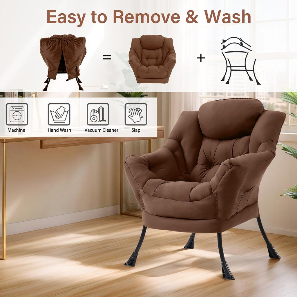 Furlide Lazy Chair for Living Room, Modern Accent Chairs with Armrests, Dark Brown Armchairs with Side Pocket, Cozy Lazy Sofa for Reading, Balcony, Bedroom, Dorm, Small Spaces