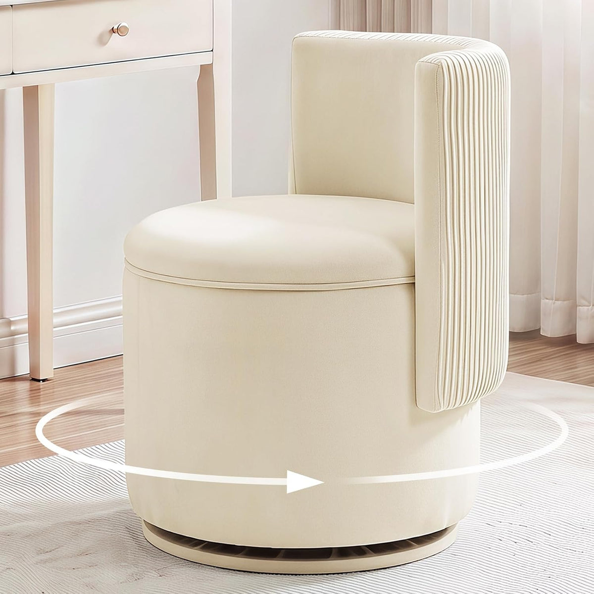Furniliving Velvet Vanity Chair with Storage, 360° Swivel Accent Chair with Wavy Back, Modern Barrel Vanity Stool Makeup Ottoman for Bedroom, Living Room