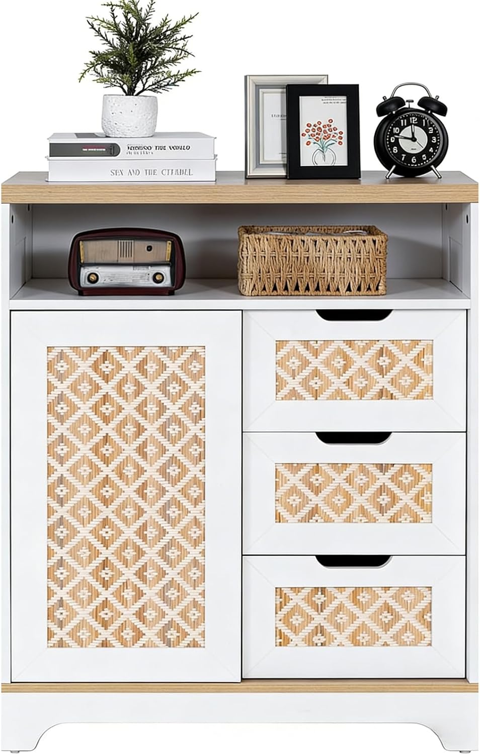 Sideboard Buffet Cabinet with Storage, Rattan Door and 3 Drawers, White | Sliding Door Coffee Bar Storage Credenza Boho Style Small Accent Cabinet for Kitchen, Living Room, Dining Room