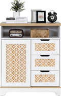 Sideboard Buffet Cabinet with Storage, Rattan Door and 3 Drawers, White | Sliding Door Coffee Bar Storage Credenza Boho Style Small Accent Cabinet for Kitchen, Living Room, Dining Room