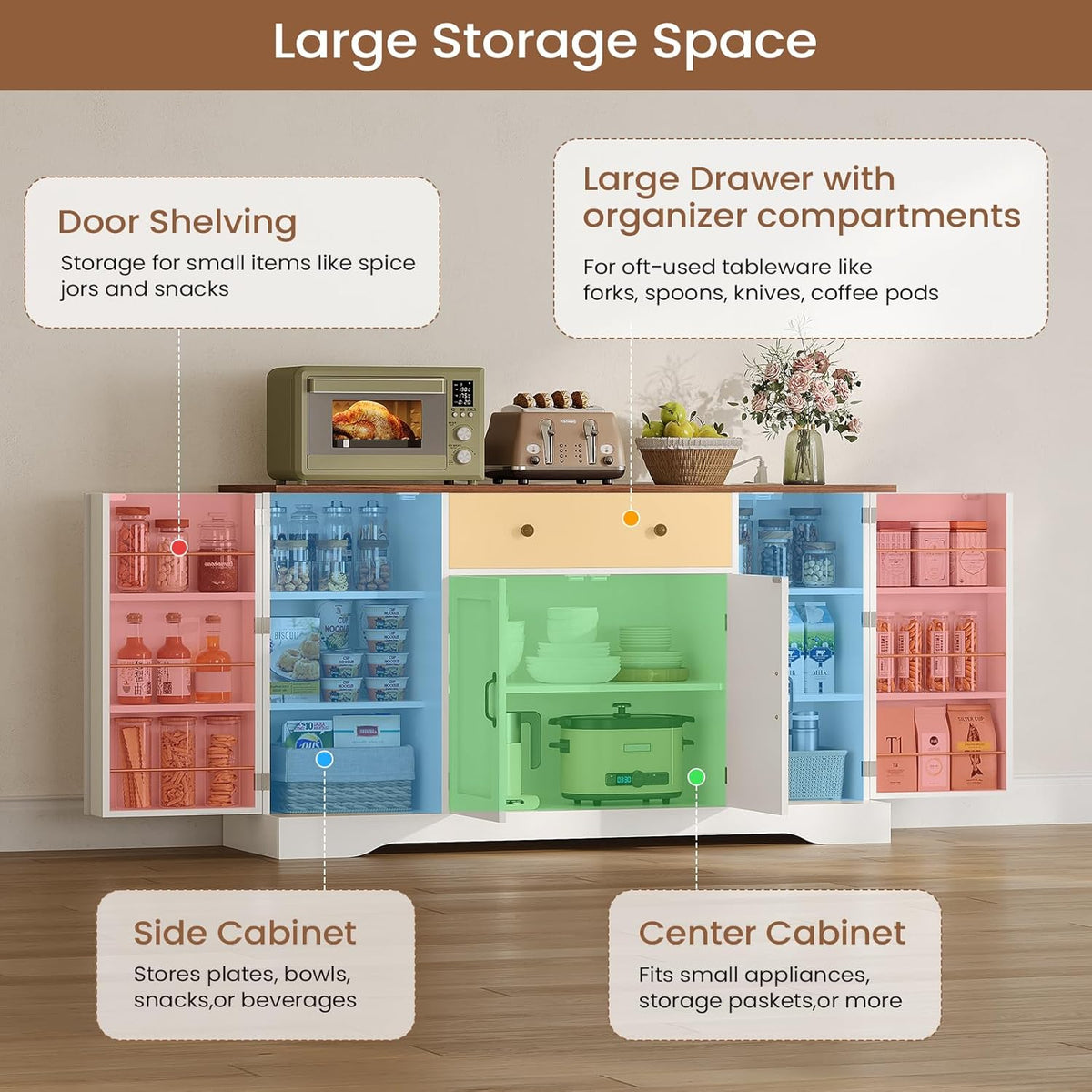 Brinlawb Buffet Cabinet with Storage & Charging Station, 53" Farmhouse Coffee Cabinet with Compartment Drawer, Sideboard Cabinets with Door and Adjustable Shelves for Kitchen, White