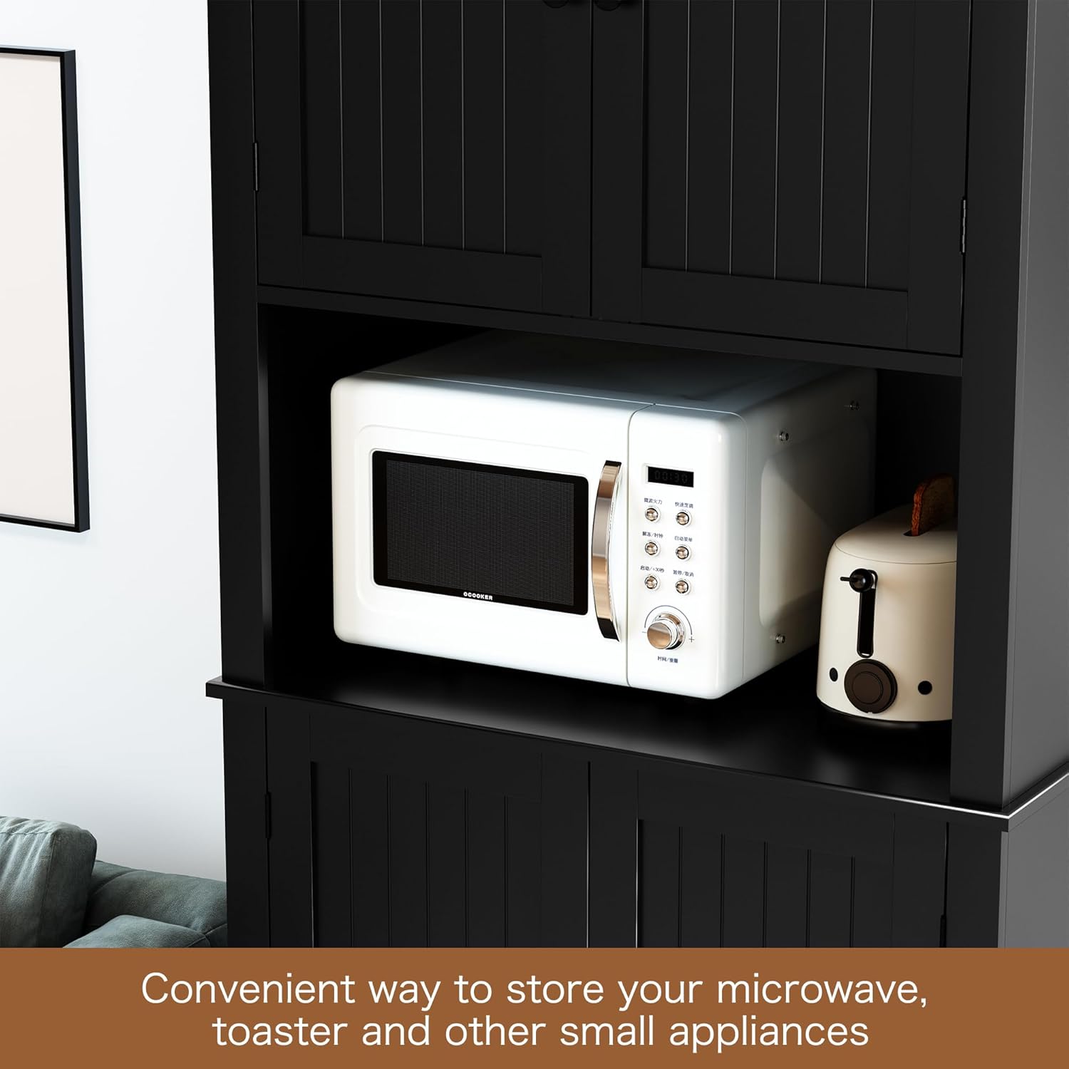HLR 72" Kitchen Pantry Storage Cabinet with Open Countertop, Freestanding Larder Cupboard with Microwave Stand, Utility Laundry Room Storage Cabinet with Doors and Shelves for Dining Room, Living Room