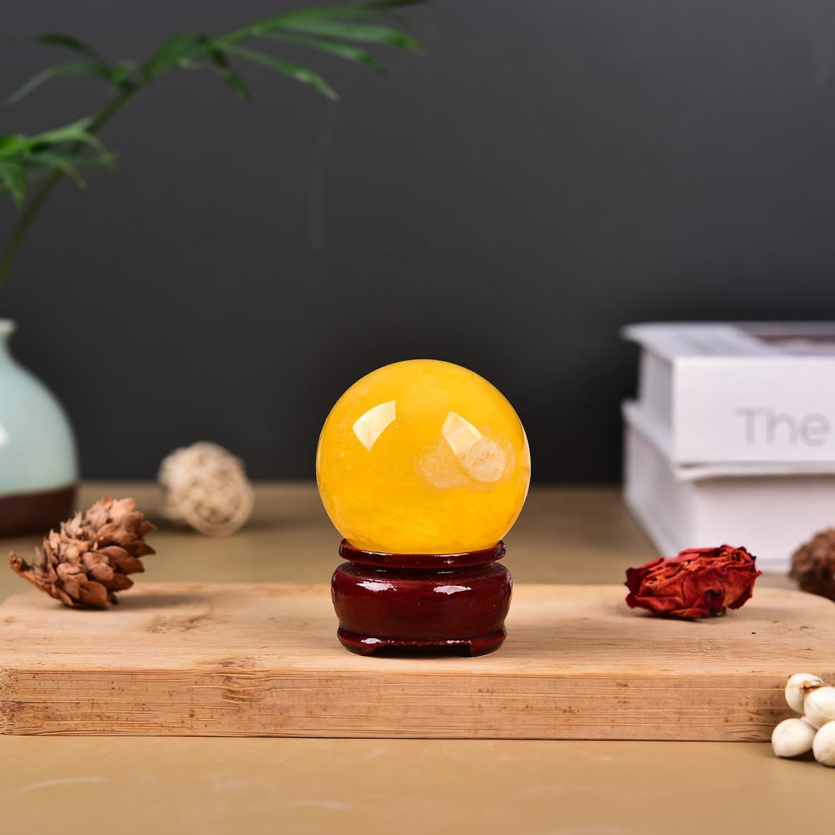 JIC Gem Natural Yellow Fluorite Crystal Sphere Crystal Decorative Ball with Wooden Stand Meditation Balls for Witchcraft Reiki Gift 40-50mm