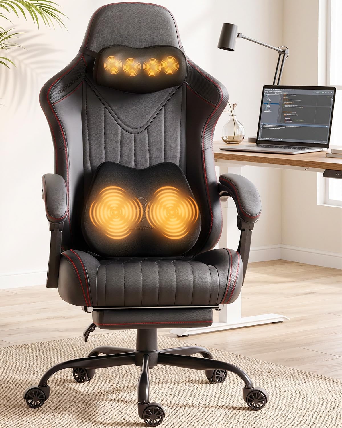 Dowinx Ergonomic High Back Gaming Chair for Adults with Massager Black | Shiatsu Neck Massage and Dual Point Massage Lumbar Pillow with Pocket Spring Cushion, 90-145°Recline for Home Office Gaming