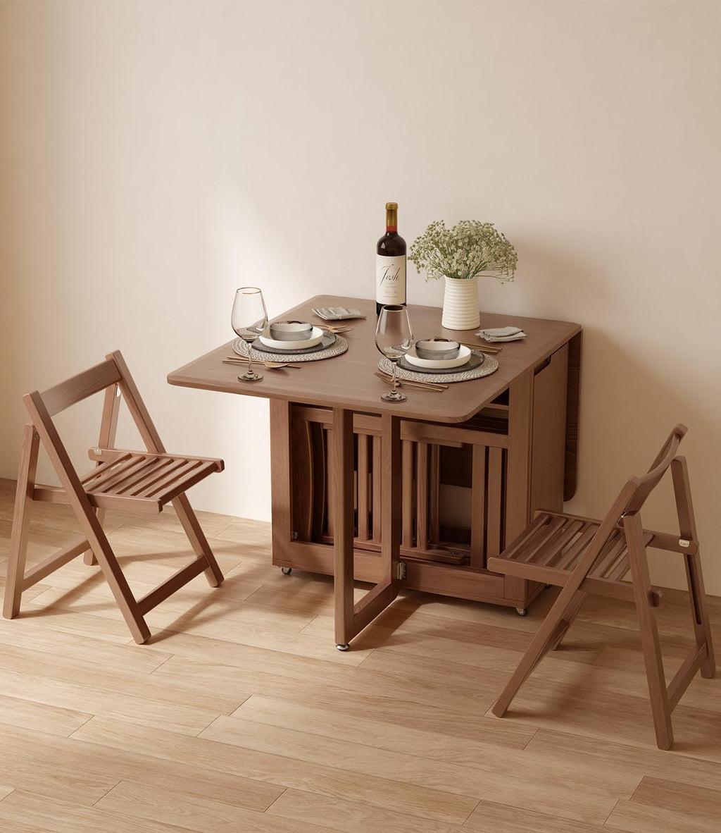 AnywaysWood Folding Dining Table with 4 Foldable Chairs Set, Space Saving Extendable Solid Wood Drop Leaf Table for Kitchen Dining Living Room Small Spaces Simple Assembly