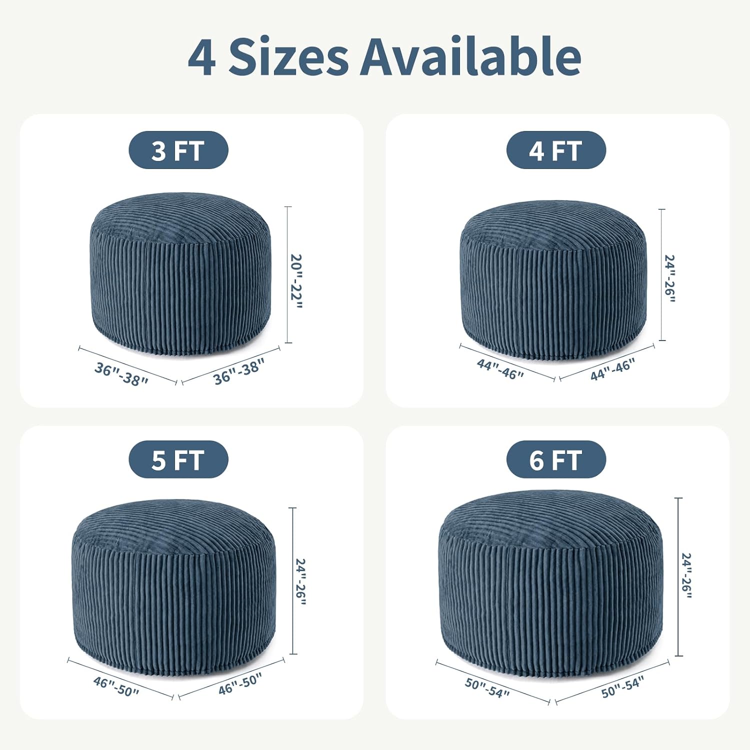 3FT Bean Bag Chairs for Adults, Medium Memory Foam Beanbags with Machine-Washable Wide Stripe Plush Cover Bean Bag Chair for Living Room Bedroom Dorm Office-Dusty Blue