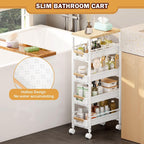 SUNALLY Slim Storage Cart with Wheels, Narrow Kitchen Rolling Cart, White | 5-Tier Skinny Rolling Cart with Wooden Top & Lockable Wheels, Storage Organizer for Bathroom, Laundry Room, Narrow Space
