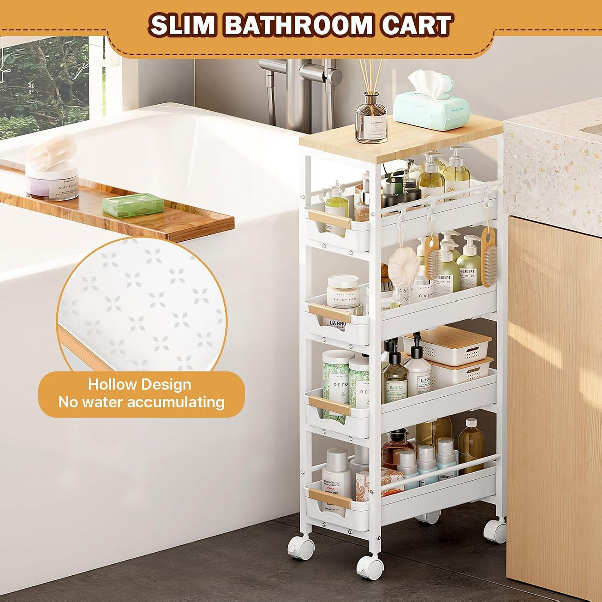 SUNALLY Slim Storage Cart with Wheels, Narrow Kitchen Rolling Cart, White | 5-Tier Skinny Rolling Cart with Wooden Top & Lockable Wheels, Storage Organizer for Bathroom, Laundry Room, Narrow Space