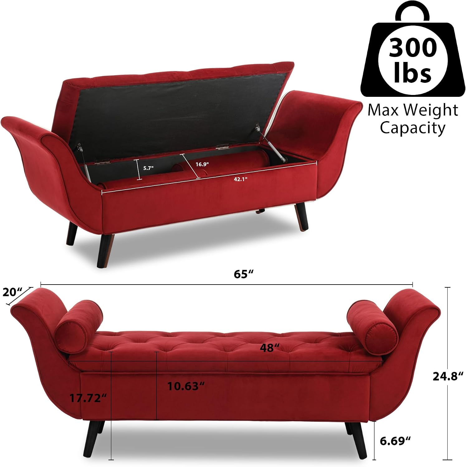 65" Storage Benches Velvet End of Bed Bench Storage Ottoman with Button-Tufted Large Upholstered Window Bench with Storage Shoe Cabinet Bench, for Bedroom, Entryway, Closet(Red)