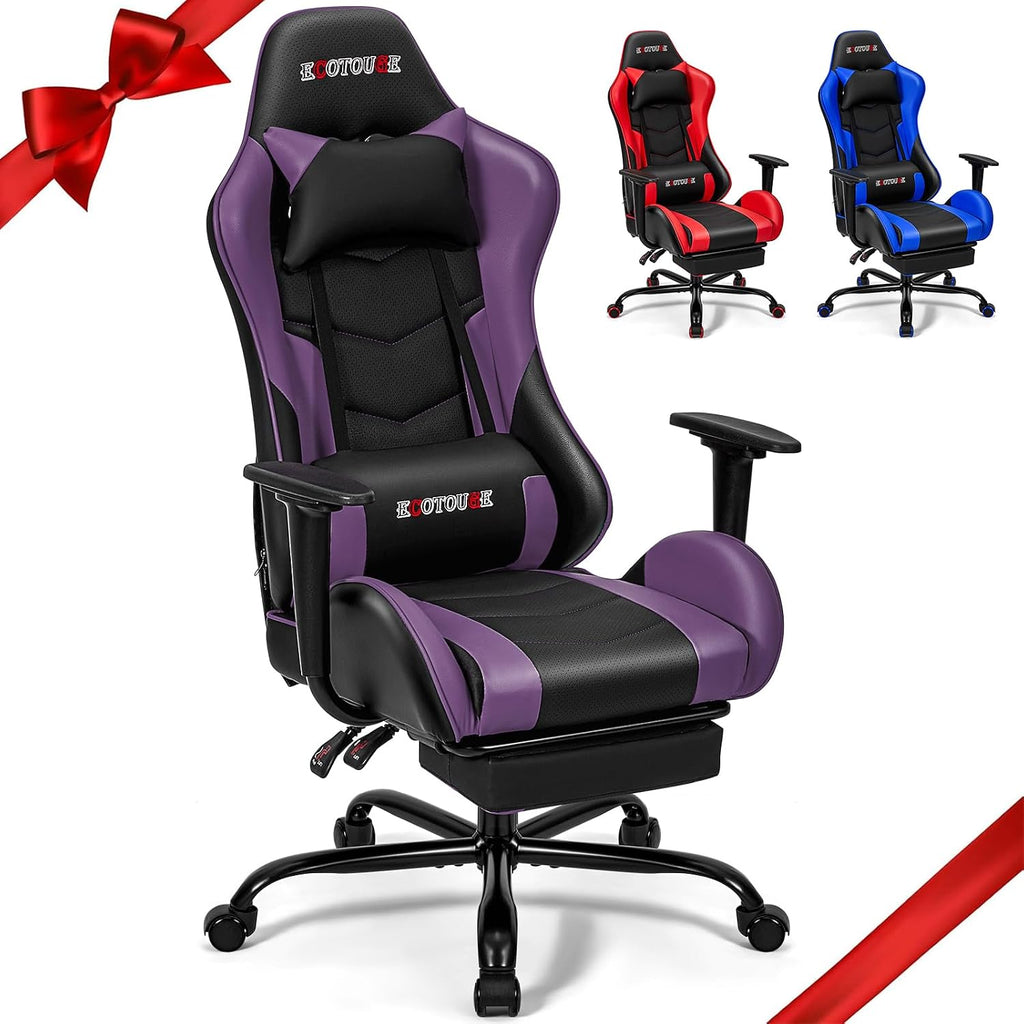 ECOTOUGE Violet Ergonomic PC Massage Gaming Chair with Footrest | Reclining Racing PU Leather, Swivel Rocker, Headrest, Lumbar Pillow, Office Desk Chair, Adjustable Height, Sturdy Base