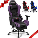 ECOTOUGE Violet Ergonomic PC Massage Gaming Chair with Footrest | Reclining Racing PU Leather, Swivel Rocker, Headrest, Lumbar Pillow, Office Desk Chair, Adjustable Height, Sturdy Base