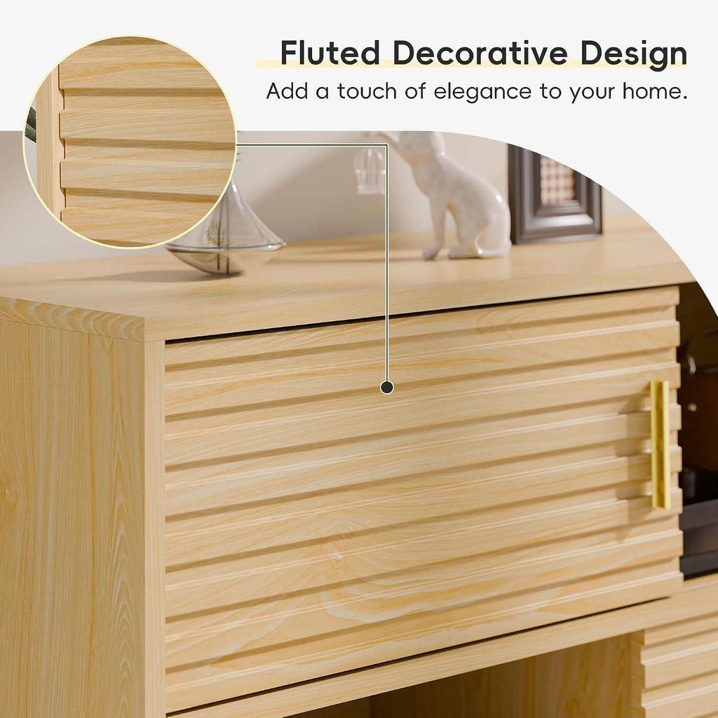 Fluted Buffet Sideboard Oak, Modern Storage Cabinet w/Cord Cutout, Accent Cabinet with Solid Wood Legs, Console Table w/Sliding Doors Open Shelves, Credenza for Living Room, Hallway, Entryway