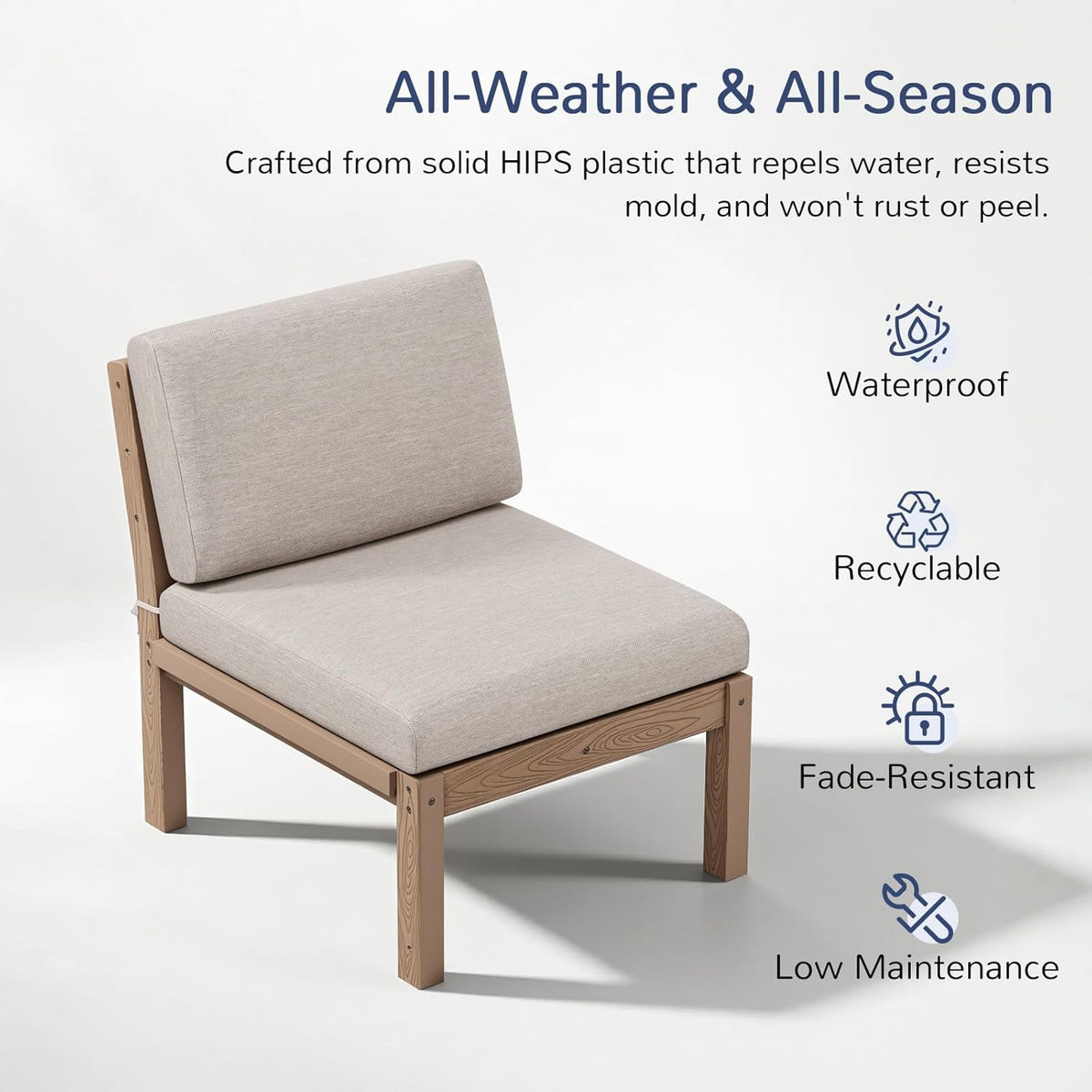 Stoog Modular Armless Chair - Interlocking Waterproof Seat for Building Sectionals, Outdoor Patio & Pool, Teak