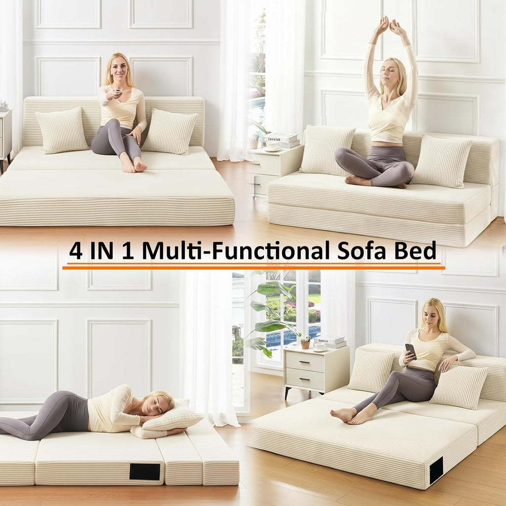 JKMAX Queen Size Folding Sofa Bed - 4 in 1 Convertible Sleeper Chair with Two Pillows - High Density Memory Foam Futon Couch - Foldable Bed for Living Room Bedroom (Beige)