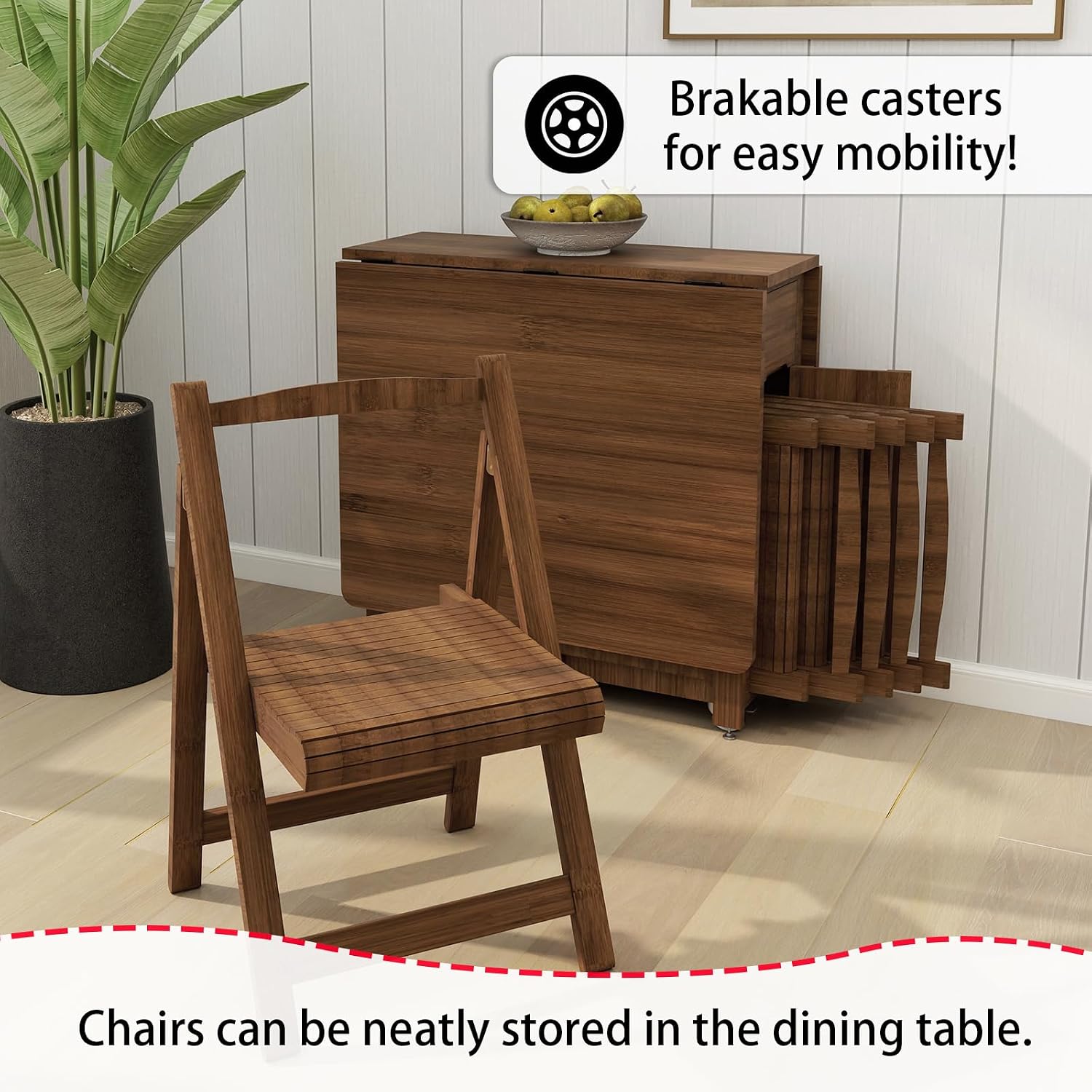 Folding Dining Table Set for 4, Foldable Kitchen Dinning Set with Chairs | Bamboo, Double Drop Leaf Devise, Inside of Dinner Table Can Store Fold Chairs, Assembly Free for Compact Apartment - Brown