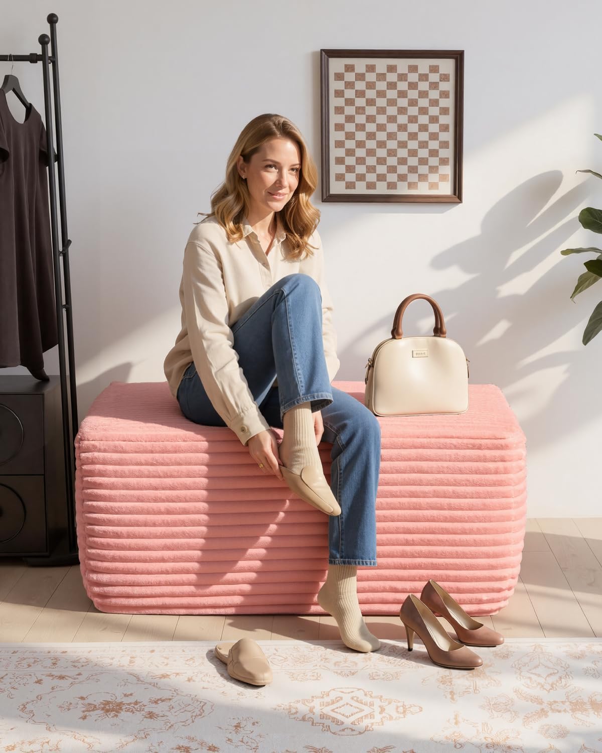 37" Plush Ottoman, Upholstered Cloud Footrest for Couch in a Box,Oversize Poufs for Living Room & Bedroom Sofa Ottoman,Comfy Seating with Dense Foam, Pink (Plush Corduroy Fabric)