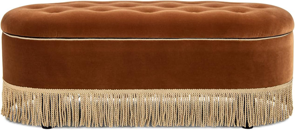 Jennifer Taylor Home 48.5" Oval Tufted Bullion Fringe Storage Bench, Burnt Orange Performance Velvet