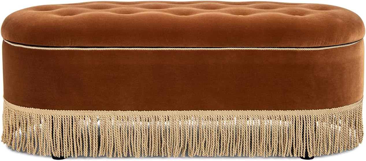 Jennifer Taylor Home 48.5" Oval Tufted Bullion Fringe Storage Bench, Burnt Orange Performance Velvet