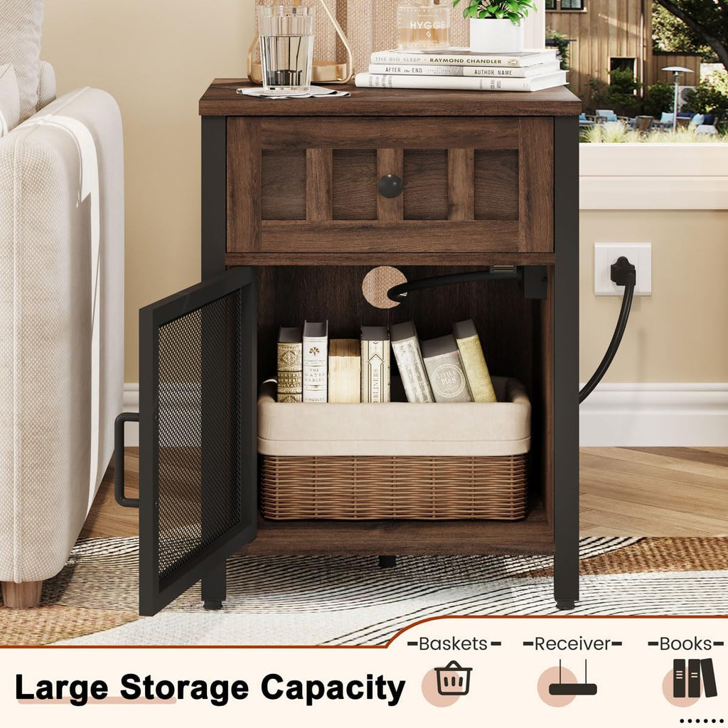 FATORRI End Table with Charging Station, Farmhouse Side Table with Drawer, Rustic Wood and Metal Nightstand and Bedside Tables for Living Room (Rustic Brown)