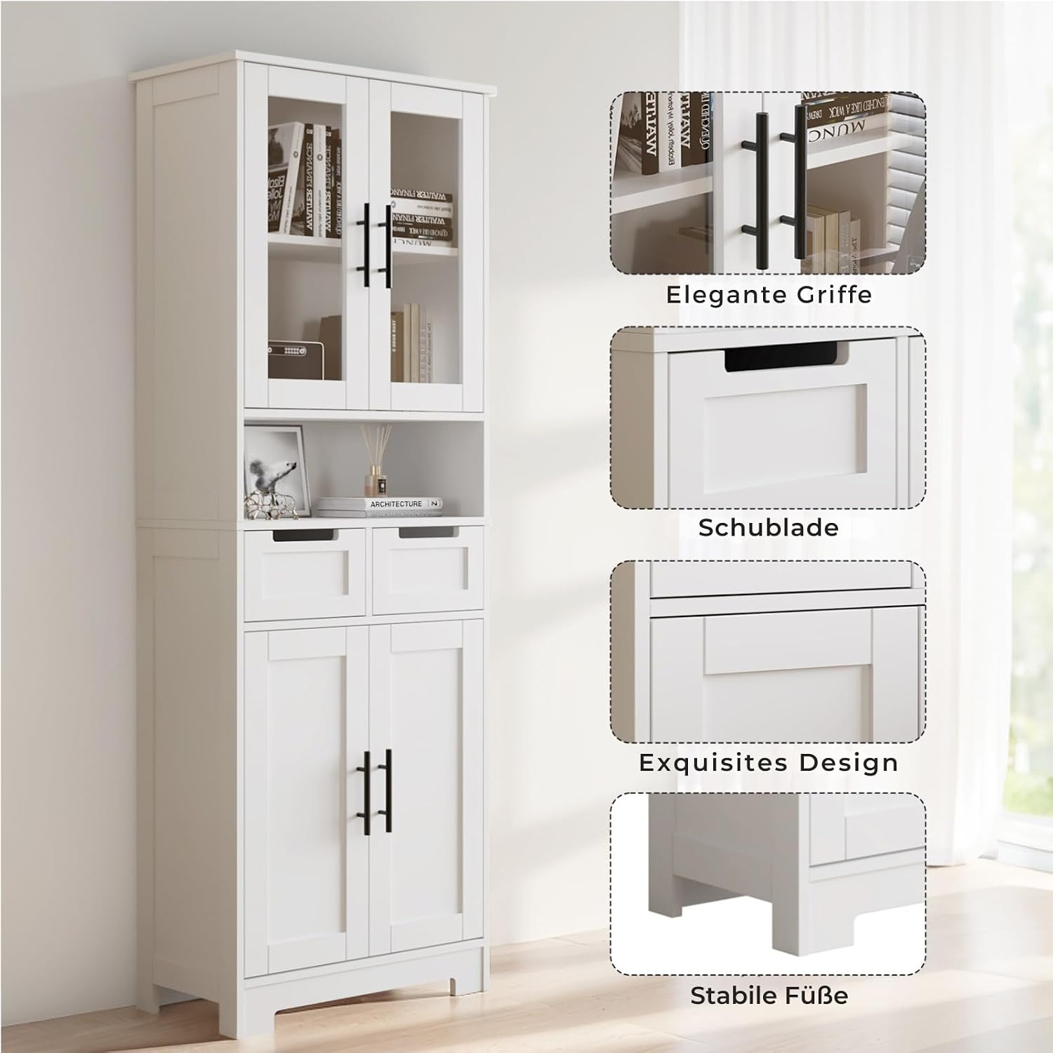 LEADZM Kitchen Cabinet Tall Cabinet with 4 Doors Buffet Cabinet for Kitchen Living Room Dining Room (4 Doors)