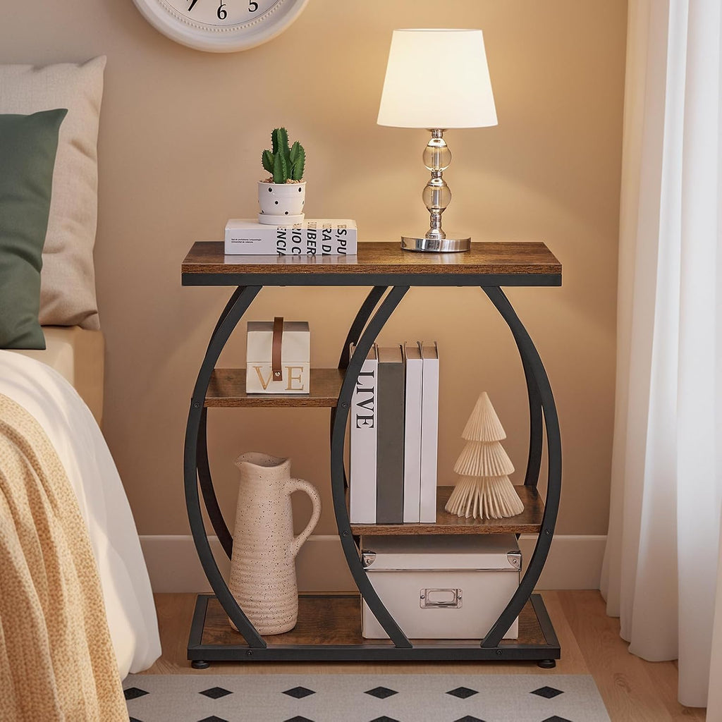 HOOBRO Industrial End Table, 4 Tier End Table with Storage Shelves, Small Side Table with Geometric Metal Frame, Night Stand for Living Room, Bedroom, Office, Rustic Brown and Black BF164BZ01