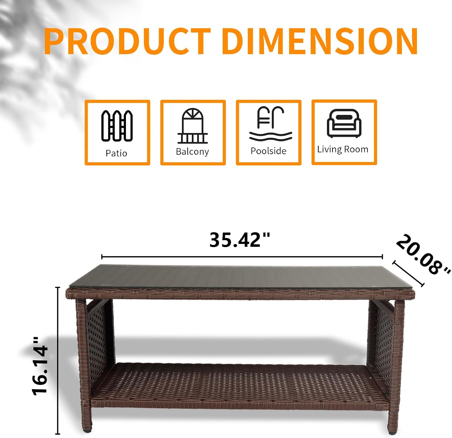 VINGLI Outdoor Wicker CoffeeTable Patio Coffee Tables for Outside, Tempered Glass Top Wicker Table with Storage Coffee Table for Patio Balcony Porch Deck (Brown)
