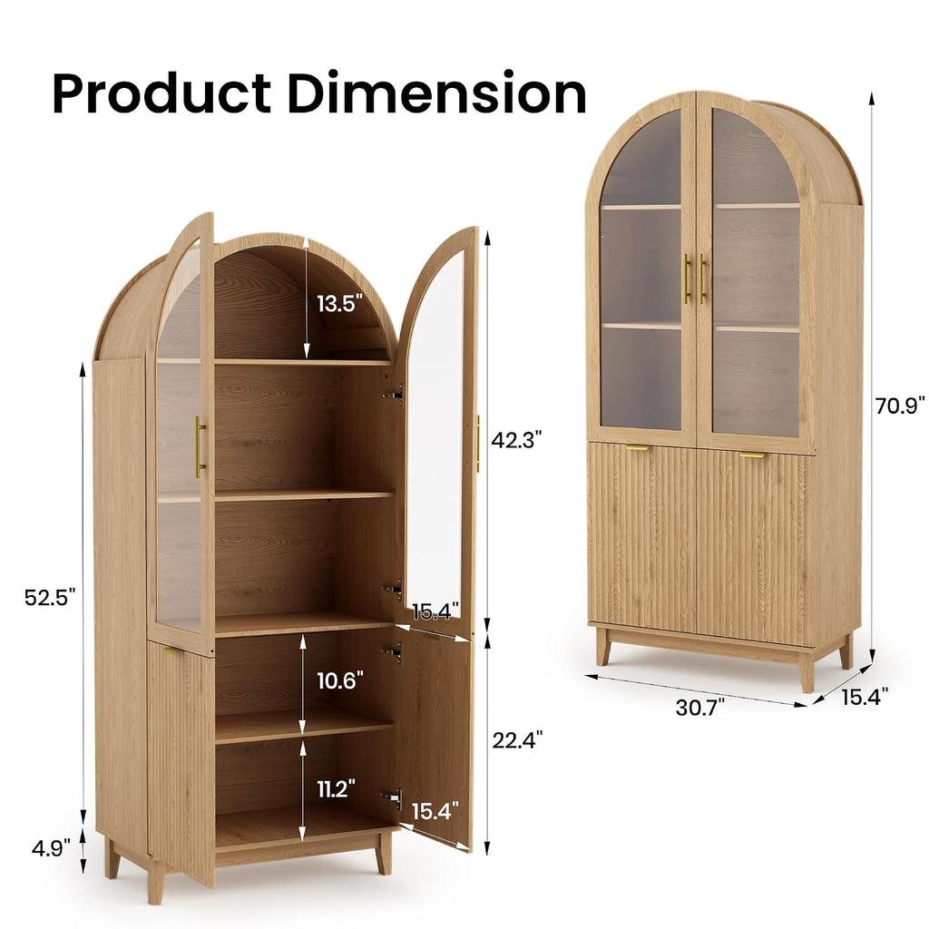 Fkhouse 71" Tall Arched Pantry Cabinet, Kitchen Pantry with Glass Doors & Fluted Doors, Wood Storage Cabinet with Adjustable Shelf, Versatile Cupboard for Kitchen, Living Room, Natural