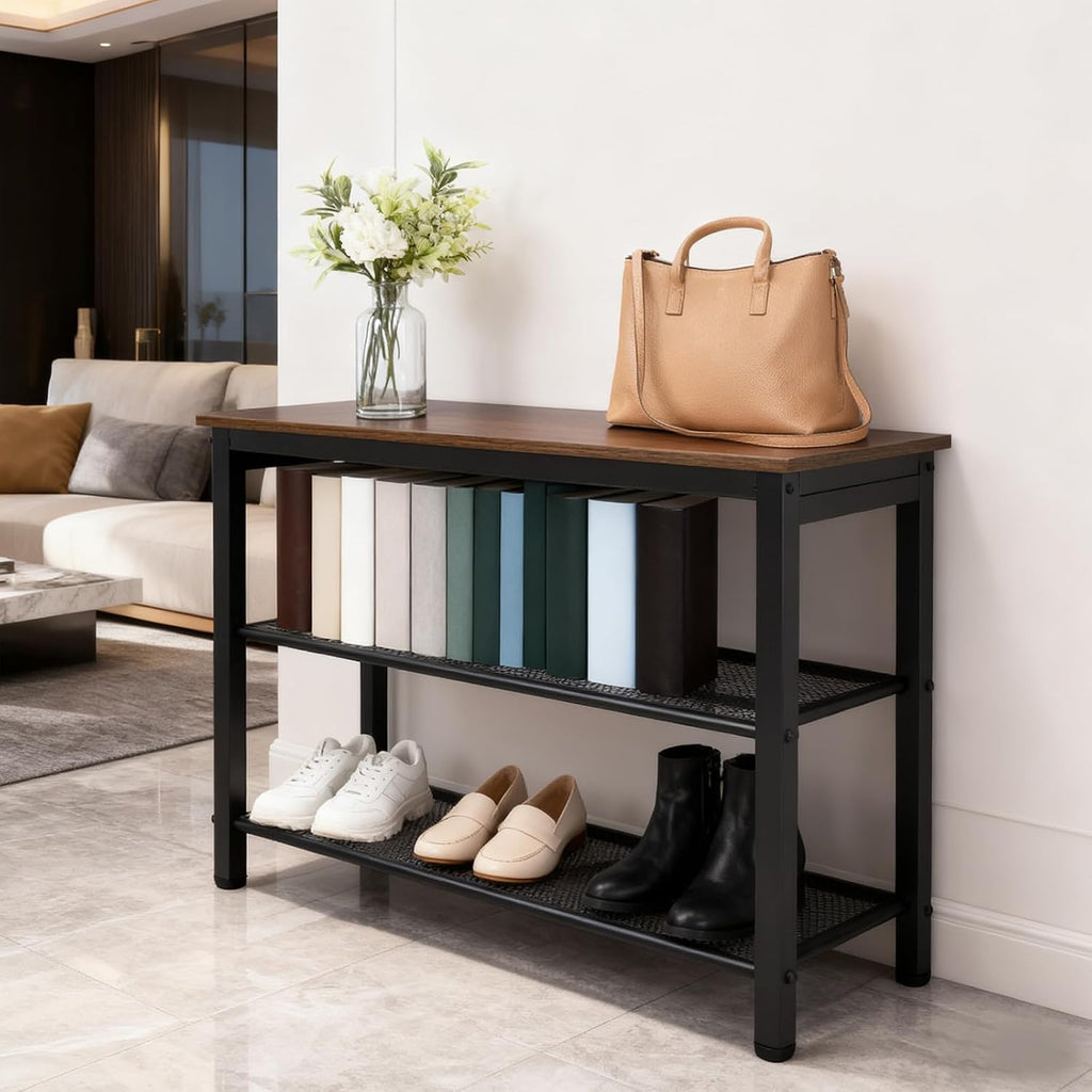 3-Tier Entryway Shoe Bench with Wood Seat, Industrial Metal Mesh Storage Rack for Hallway, Living Room, Rustic Brown, 29.5 Inch