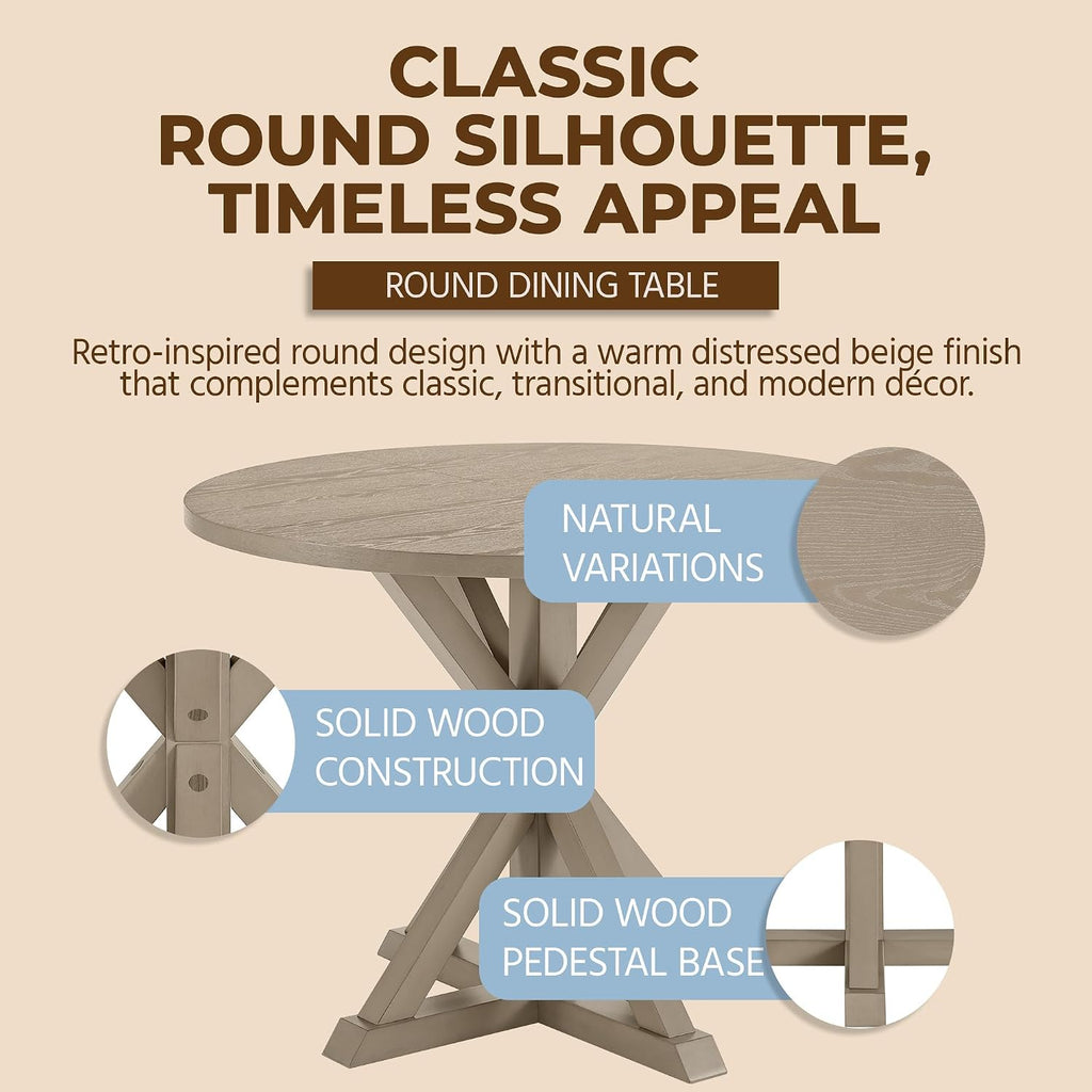 ROME + OAK Spier Modern Dining Table, 40-Inch Round Tabletop with Sturdy Pedestal Base, Rustic Beige - Retro Style Furniture Piece for Homes