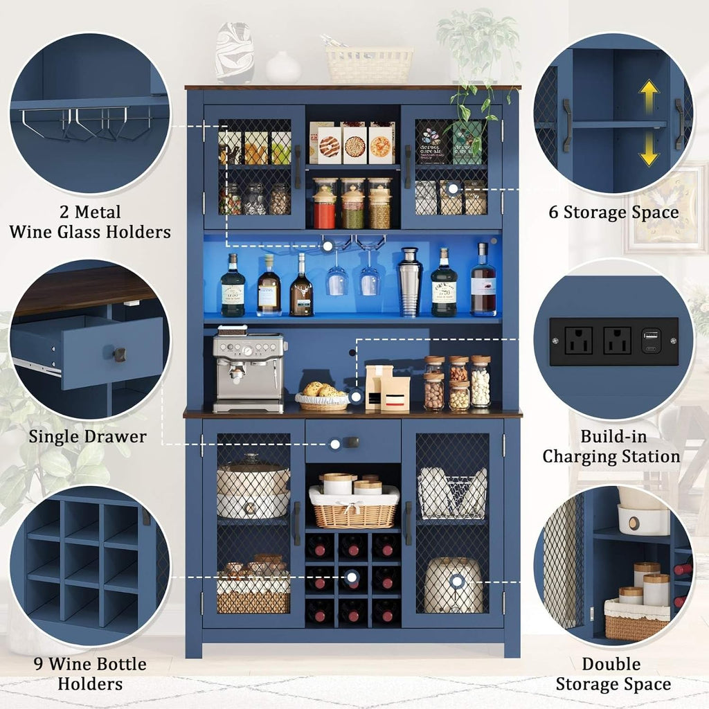 70.9" Kitchen Pantry Cabinet with LED Lights, Rustic Farmhouse Buffet Hutch with Wine Rack, Storage Cabinet with USB Charging Station, Coffee Bar Cabinet for Dining Room