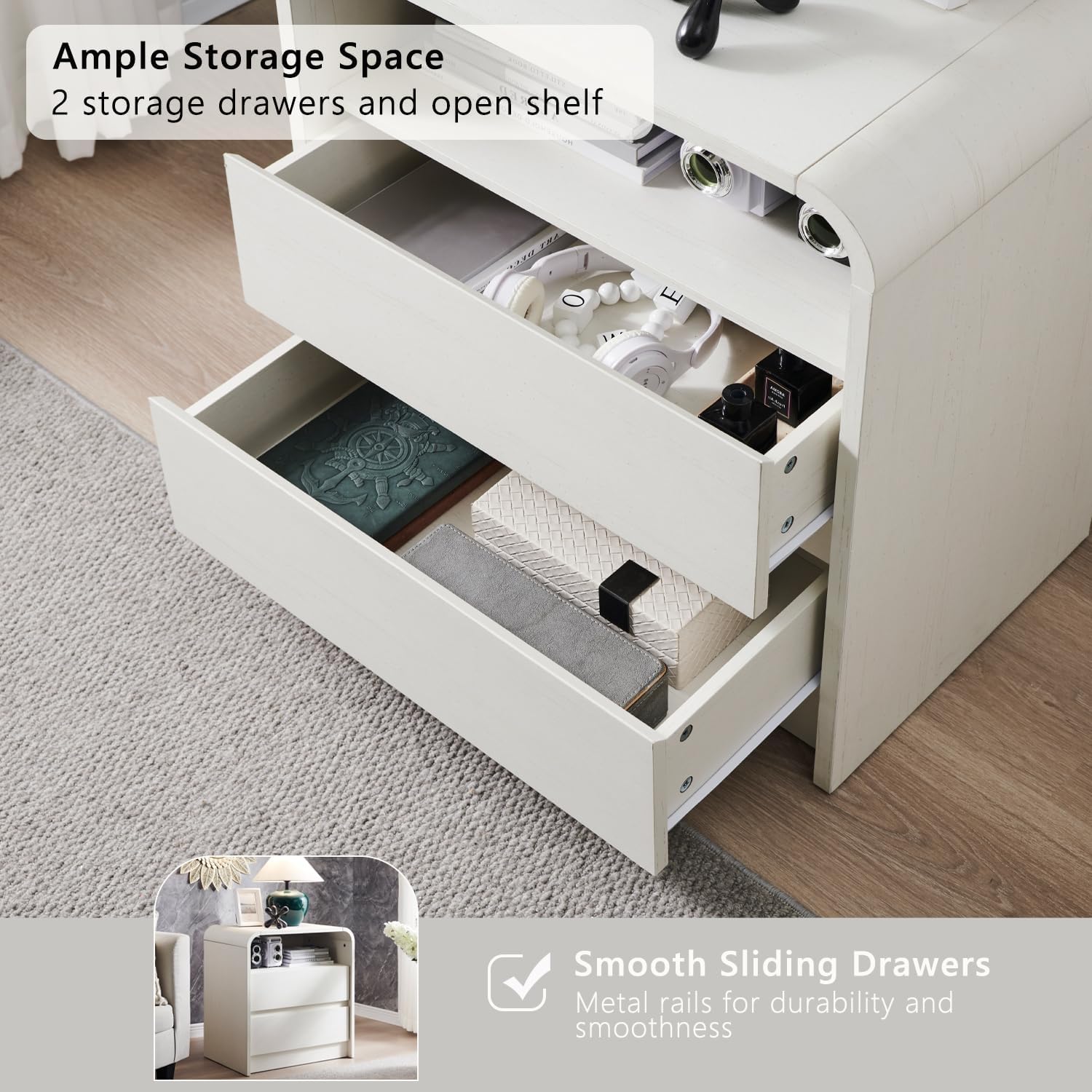 Aitjunz 25" Tall Modern Nightstand, Wood Curved Bedside Table, White